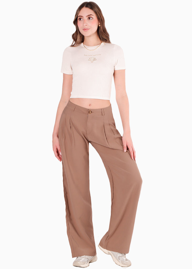 Camiseta crop con bordado "Estás hecha para brillar" color beige para mujer - Flashy