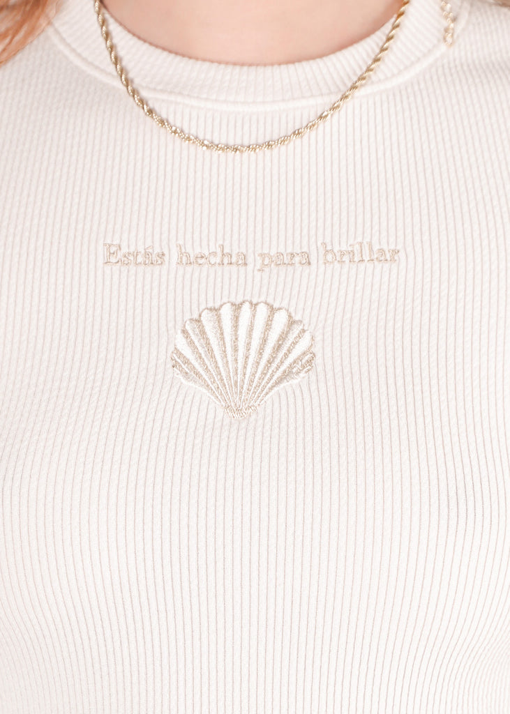 Camiseta crop con bordado "Estás hecha para brillar" color beige para mujer - Flashy