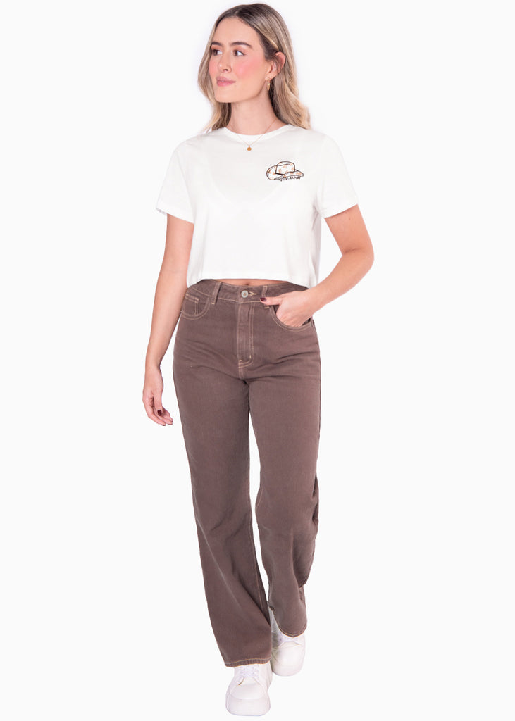 Camiseta crop con bordado "Yee haw" color blanco, marfil para mujer - Flashy