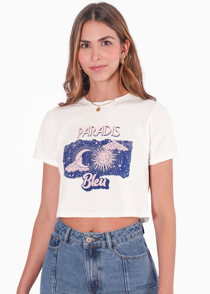 Camiseta crop con estampado "Paradis bleu"  para mujer - Flashy