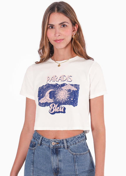 Camiseta crop con estampado "Paradis bleu" - PILARINA