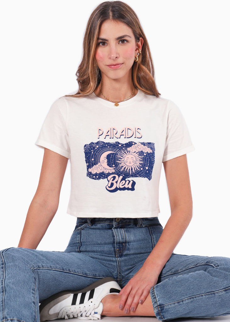 Camiseta crop con estampado "Paradis bleu" - PILARINA