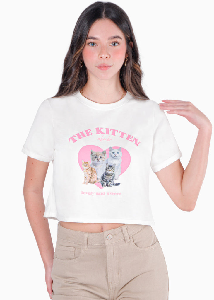 Camiseta crop con estampado "The Kitten Club" color marfil, blanco para mujer - Flashy