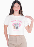 Camiseta crop con estampado "The Kitten Club" color marfil, blanco para mujer - Flashy