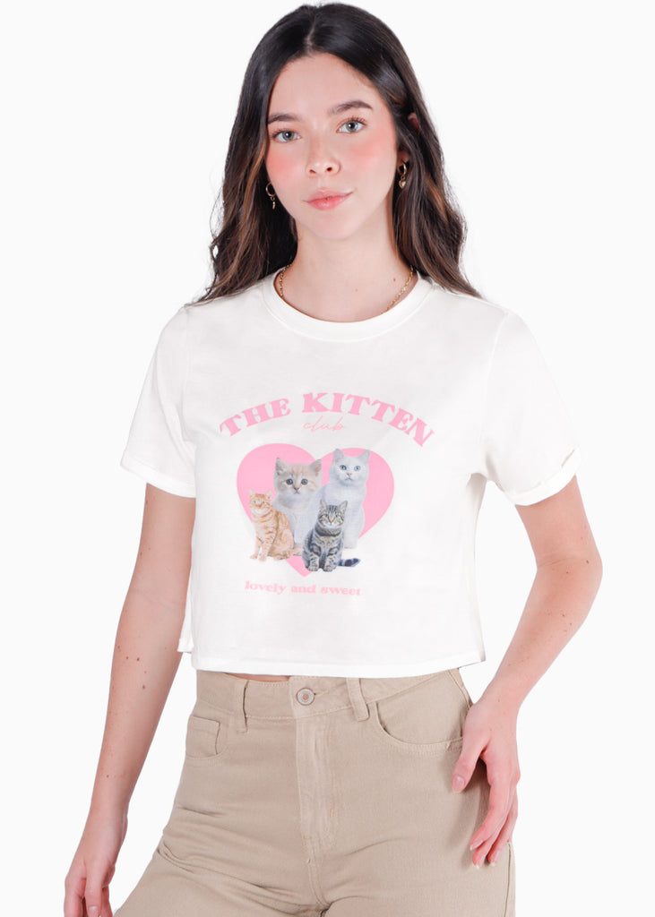 Camiseta crop con estampado "The Kitten Club" color marfil, blanco para mujer - Flashy