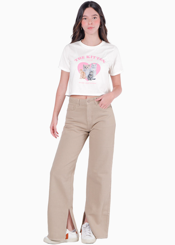 Camiseta crop con estampado "The Kitten Club" color marfil, blanco para mujer - Flashy