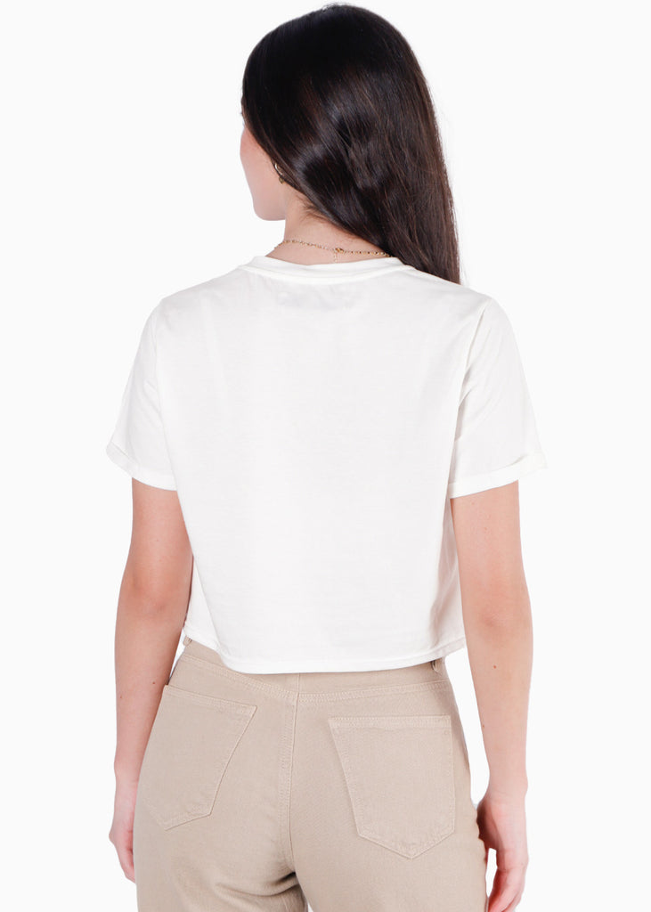 Camiseta crop con estampado "The Kitten Club" color marfil, blanco para mujer - Flashy