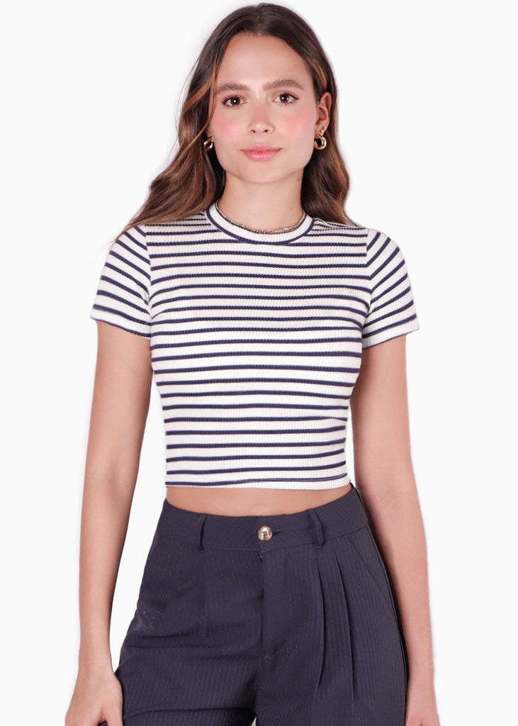 Camiseta crop en tela rib de rayas color blanco, marfil para mujer - Flashy
