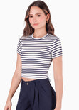 Camiseta crop en tela rib de rayas color blanco, marfil para mujer - Flashy