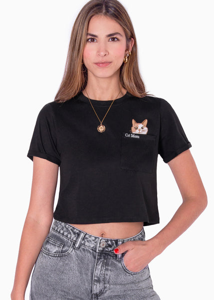 Camiseta crop estampada "Cat mom"  para mujer - Flashy