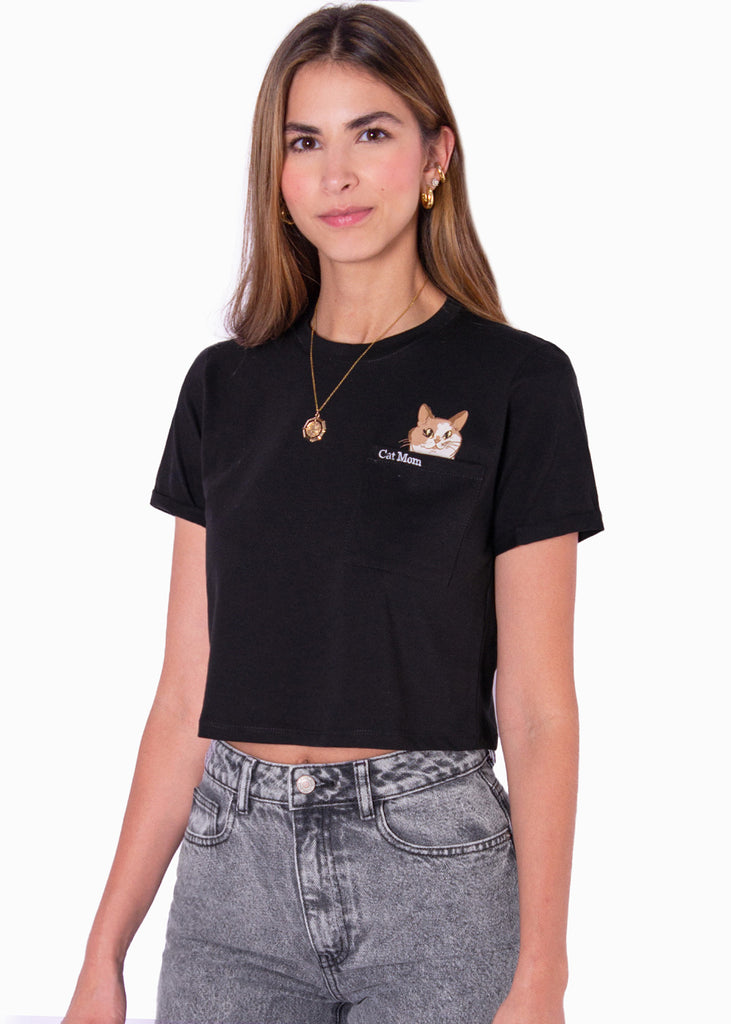 Camiseta crop estampada "Cat mom"  para mujer - Flashy