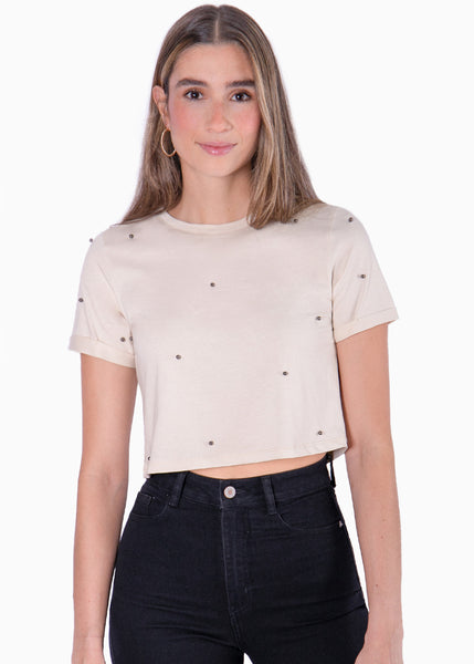 Camiseta crop manga corta con perlas color beige para mujer - Flashy