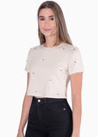 Camiseta crop manga corta con perlas color beige para mujer - Flashy