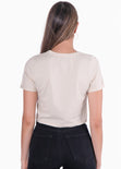 Camiseta crop manga corta con perlas color beige para mujer - Flashy