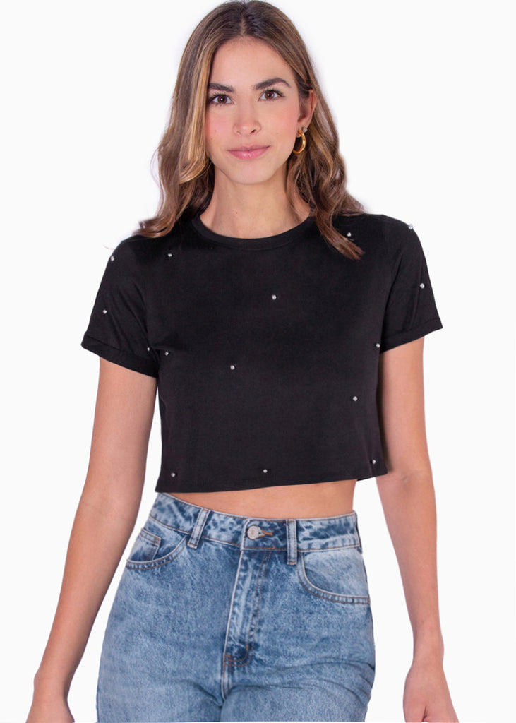 Camiseta crop manga corta con perlas - NAUMA