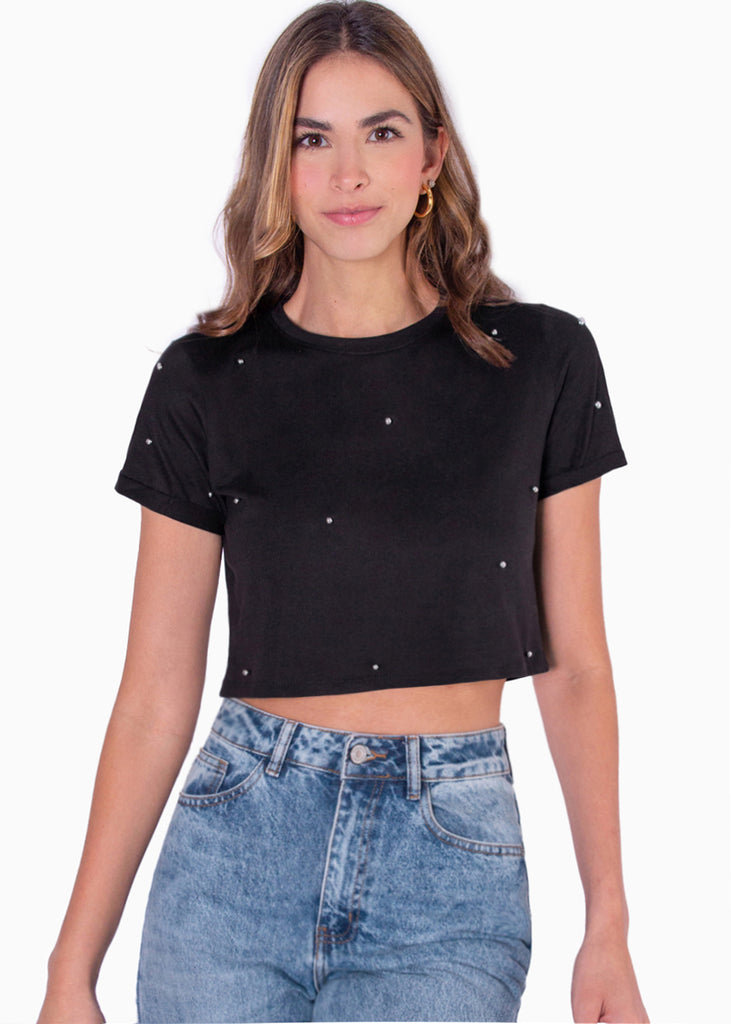 Camiseta crop manga corta con perlas  para mujer - Flashy