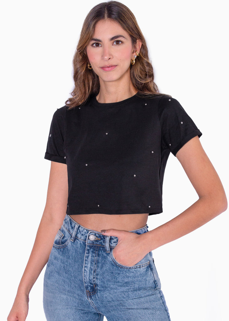 Camiseta crop manga corta con perlas  para mujer - Flashy