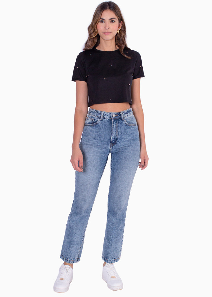 Camiseta crop manga corta con perlas  para mujer - Flashy