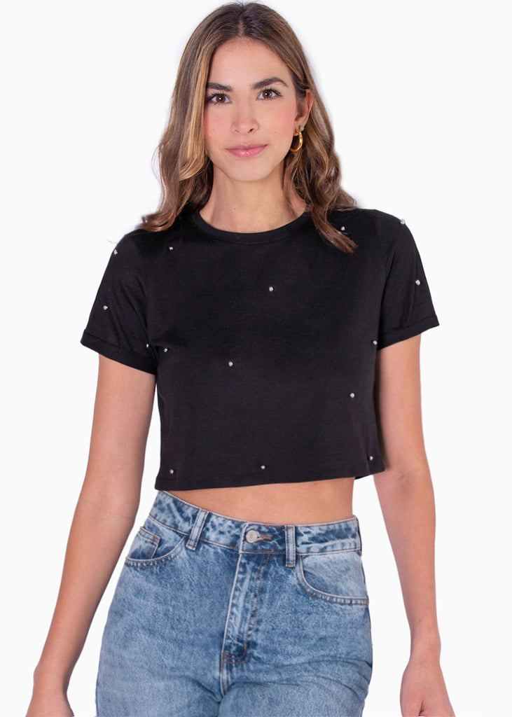 Camiseta crop manga corta con perlas  para mujer - Flashy