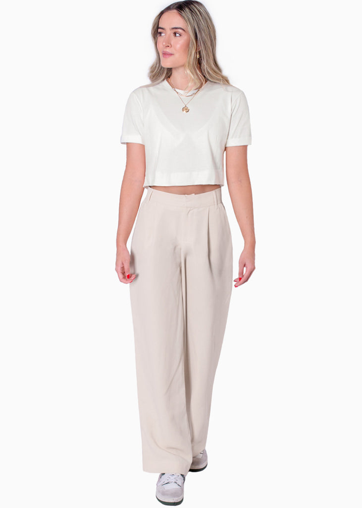 Camiseta crop manga corta color marfil para mujer - Flashy