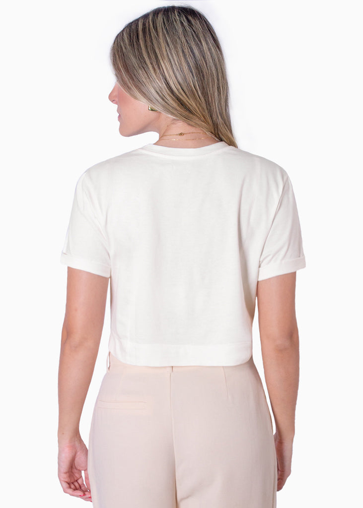 Camiseta crop manga corta color marfil para mujer - Flashy