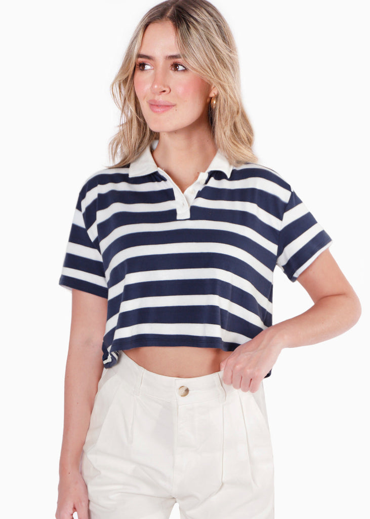 Camiseta crop tipo polo color azul para mujer - Flashy