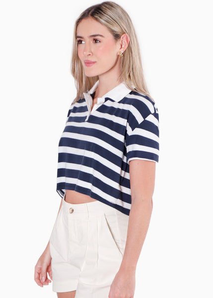 Camiseta crop tipo polo color azul para mujer - Flashy