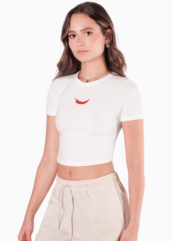 Camiseta crop y bordado color blanco, marfil para mujer - Flashy