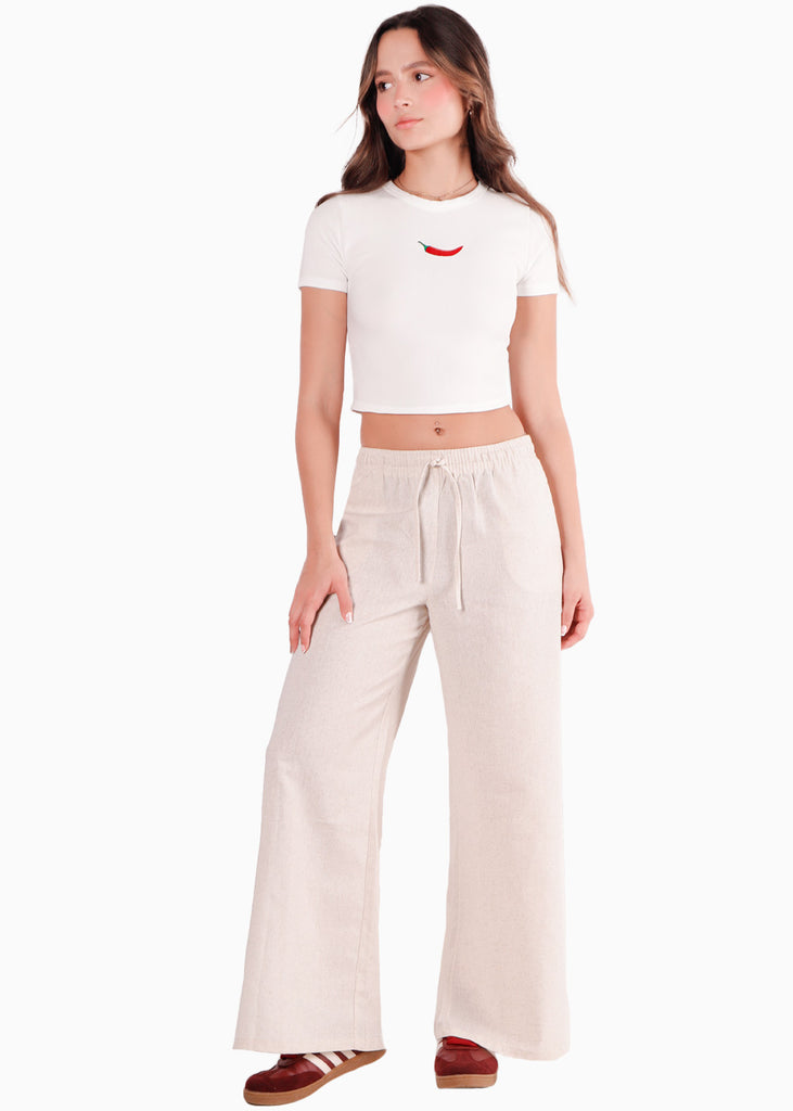 Camiseta crop y bordado color blanco, marfil para mujer - Flashy
