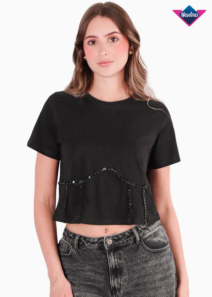 Camiseta cropped con brillo color negro para mujer - Flashy