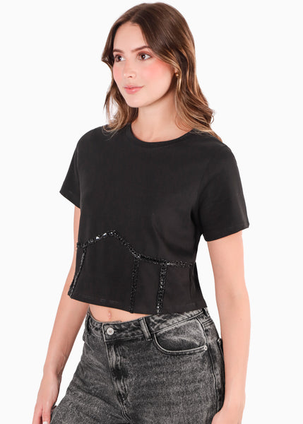 Camiseta cropped con brillo color negro para mujer - Flashy