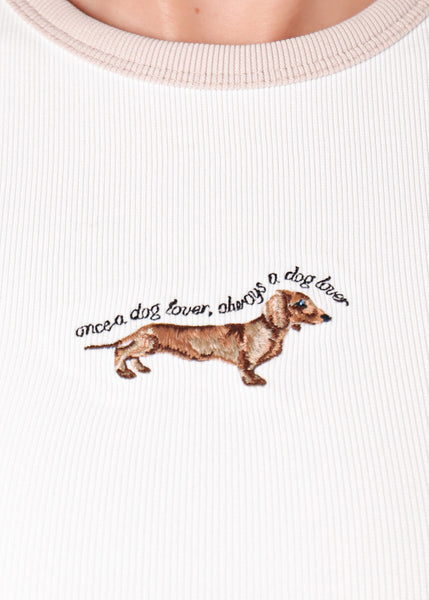 Camiseta en contraste con bordado de perro color marfil, blanco para mujer - Flashy