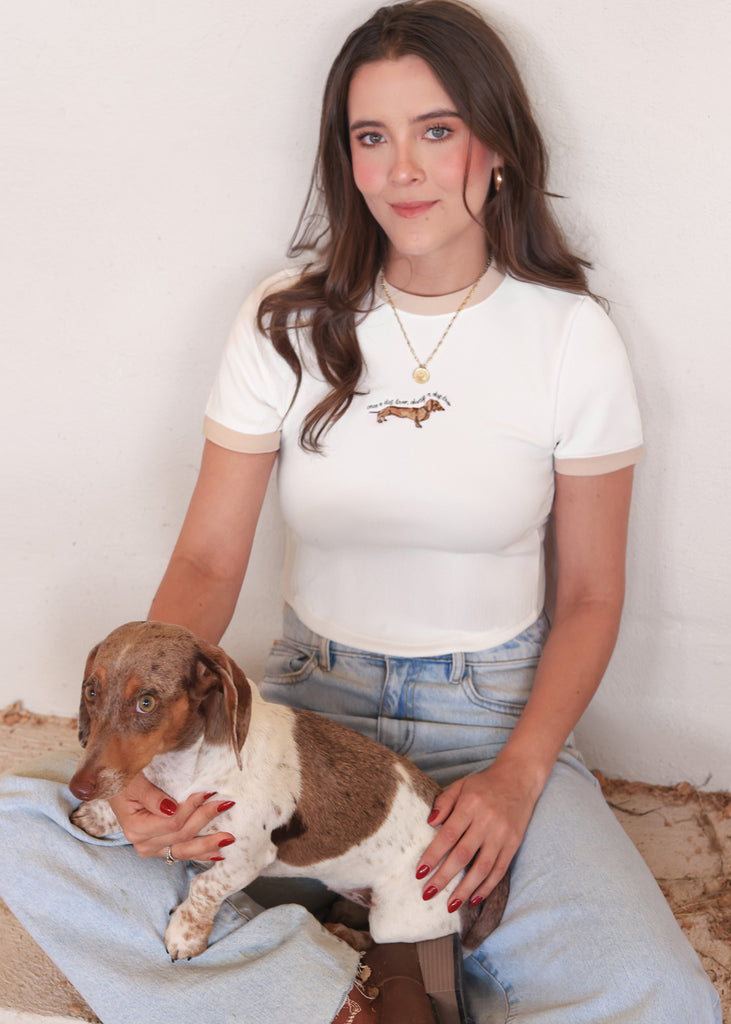 Camiseta en contraste con bordado de perro color marfil, blanco para mujer - Flashy