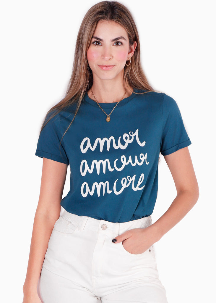 Camiseta estampada "Amor Amour Amore" color azul para mujer - Flashy