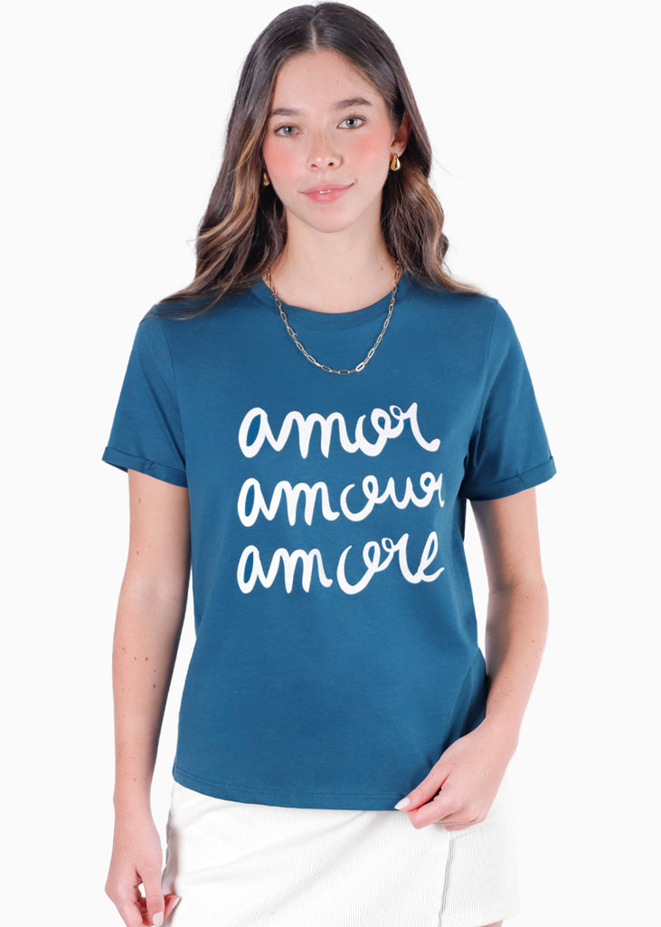 Camiseta estampada "Amor Amour Amore" color azul para mujer - Flashy