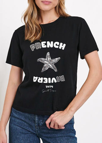 Camiseta estampada "French Riviera" con estrella en lentejuelas color negro para mujer - Flashy