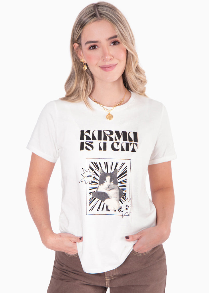 Camiseta estampada "Karma is a cat"  para mujer - Flashy