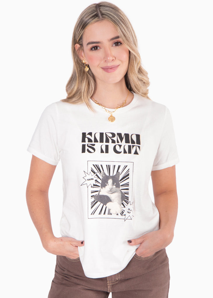 Camiseta estampada "Karma is a cat"  para mujer - Flashy
