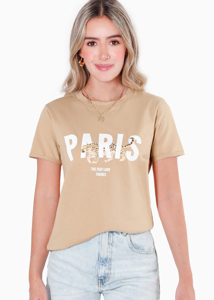 Camiseta estampada "Paris" color beige para mujer - Flashy
