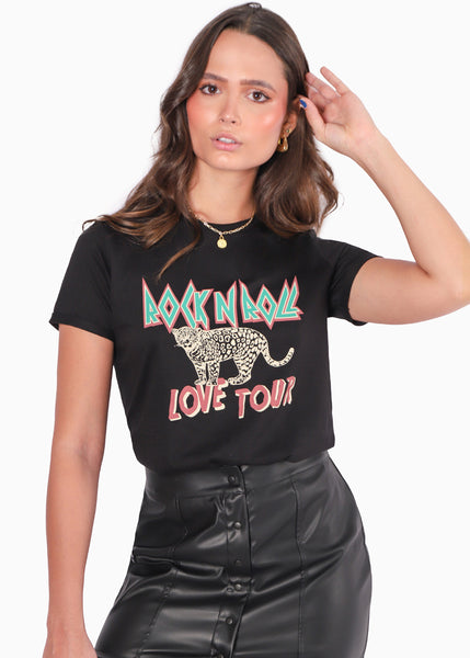 Camiseta estampada "Rock n Roll love tour"  para mujer - Flashy