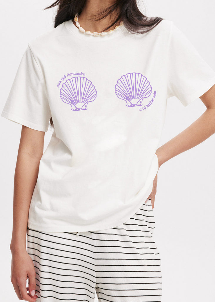 Camiseta oversize con estampado de caracola color blanco, marfil para mujer - Flashy