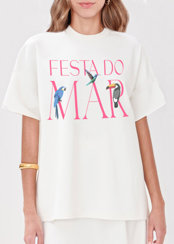 Camiseta oversized estampada "Festa do mar" color blanco, marfil para mujer - Flashy