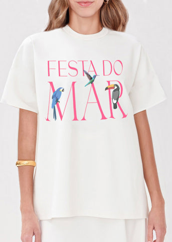 Camiseta oversized estampada "Festa do mar" color blanco, marfil para mujer - Flashy