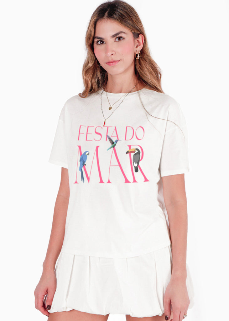 Camiseta oversized estampada "Festa do mar" color blanco, marfil para mujer - Flashy