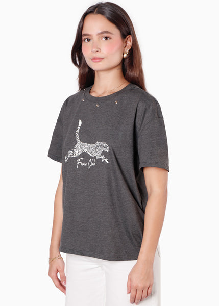 Camiseta oversized estampada "Fierce Club" color gris para mujer - Flashy