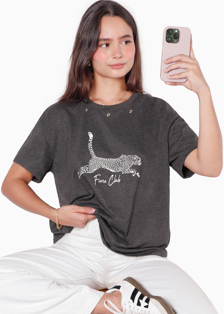 Camiseta oversized estampada "Fierce Club" color gris para mujer - Flashy