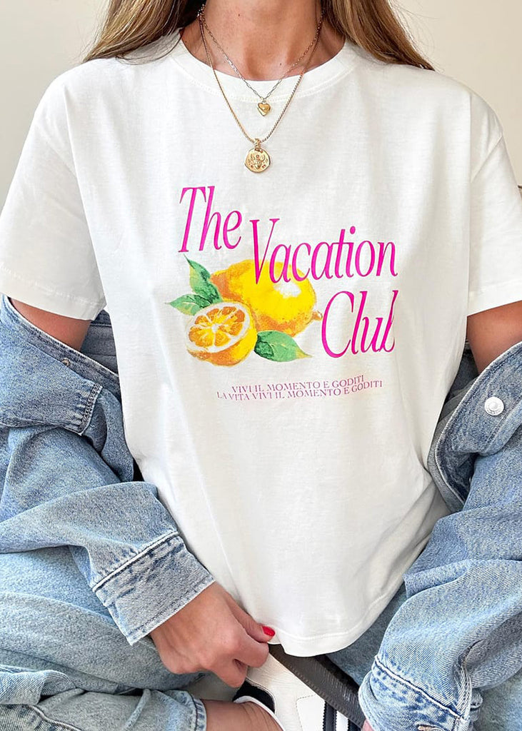 Camiseta oversized estampada "The Vacation Club" color blanco, marfil para mujer - Flashy