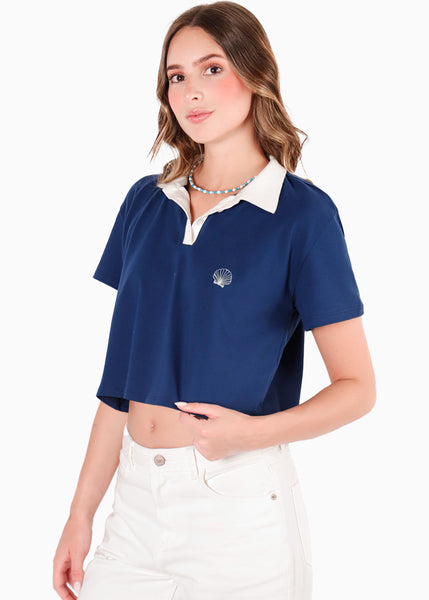 Camiseta tipo polo cropped con perilla, cuello en contraste y bordado color azul para mujer - Flashy