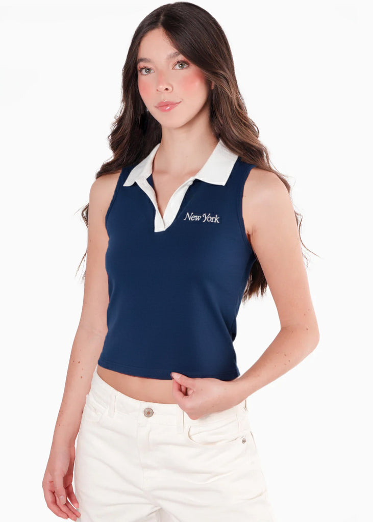 Camiseta tipo polo sin mangas cuello en contraste - DURAZNO