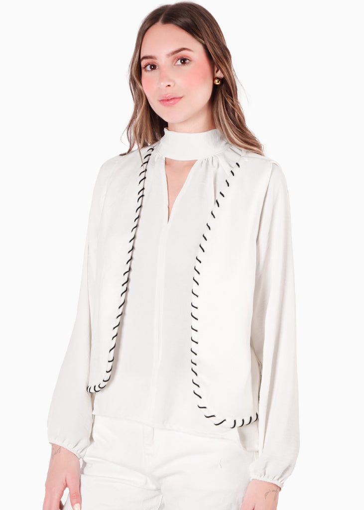Chaleco abierto con entrelazado decorativo en contraste color blanco, marfil para mujer - Flashy